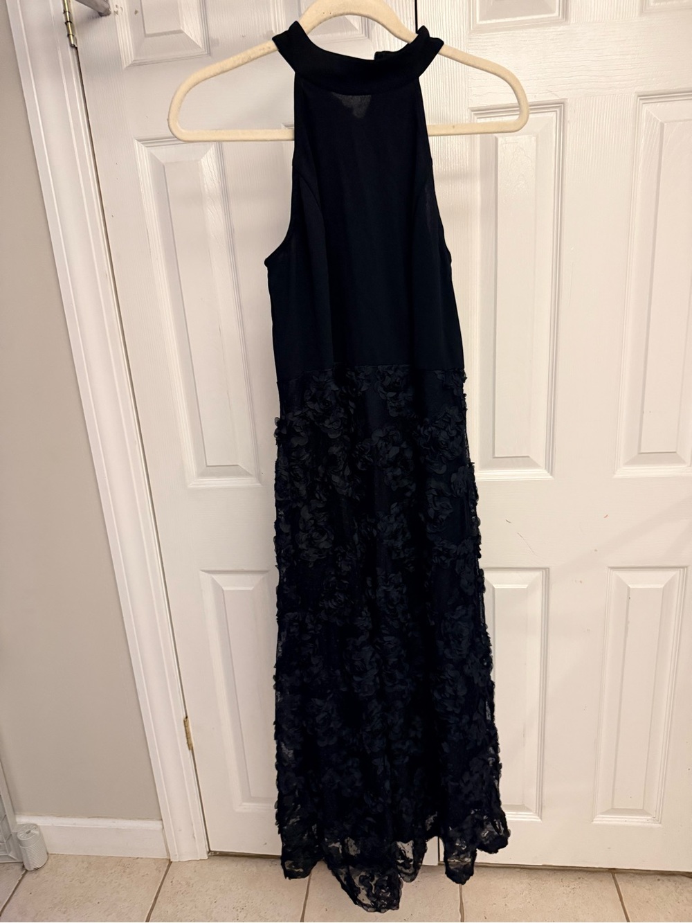 JJs House Black Halter Maxi Dress with Floral Appliqué Skirt